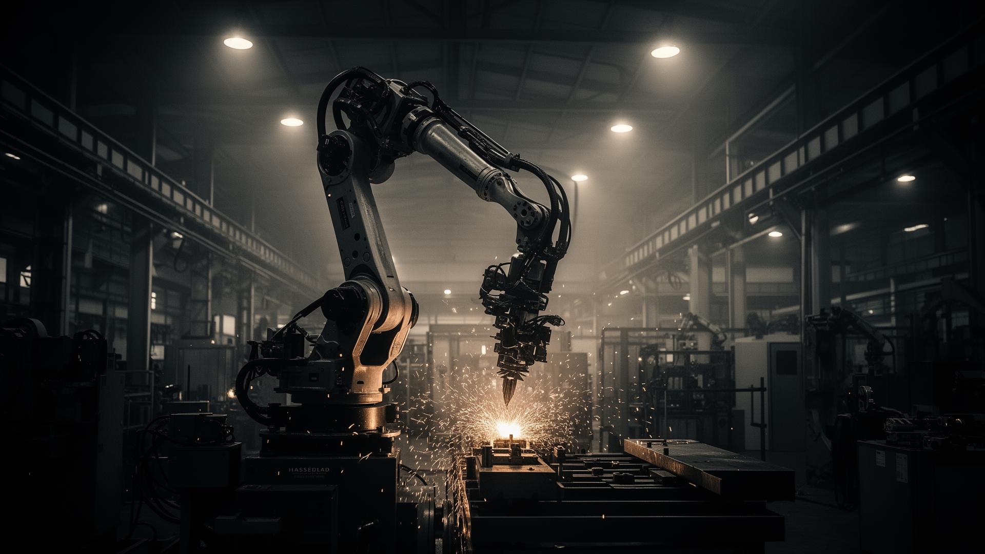 Industrial robot performing precision work in an autonomous factory